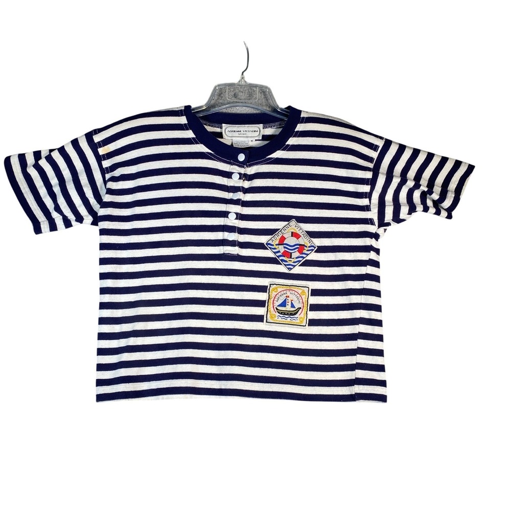 Adrienne Vittadini Sport Vest Shirt Navy White Stripe Sailor Life Patch Henley M